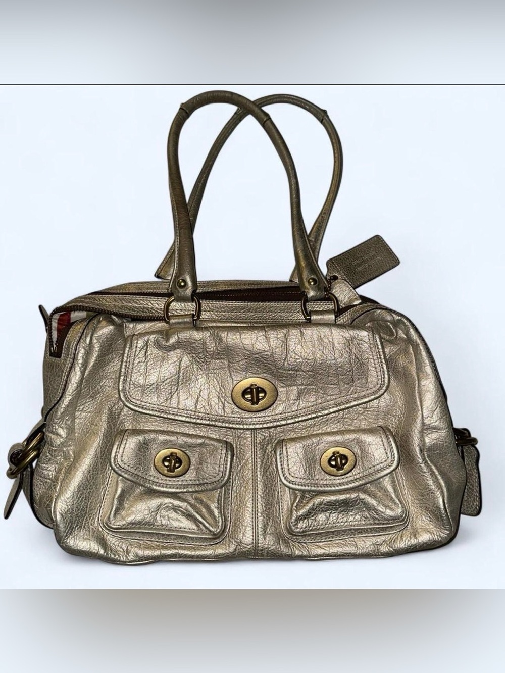 Coach Metallic Silver Leather Shoulder Bag with Turn-Lock Pockets